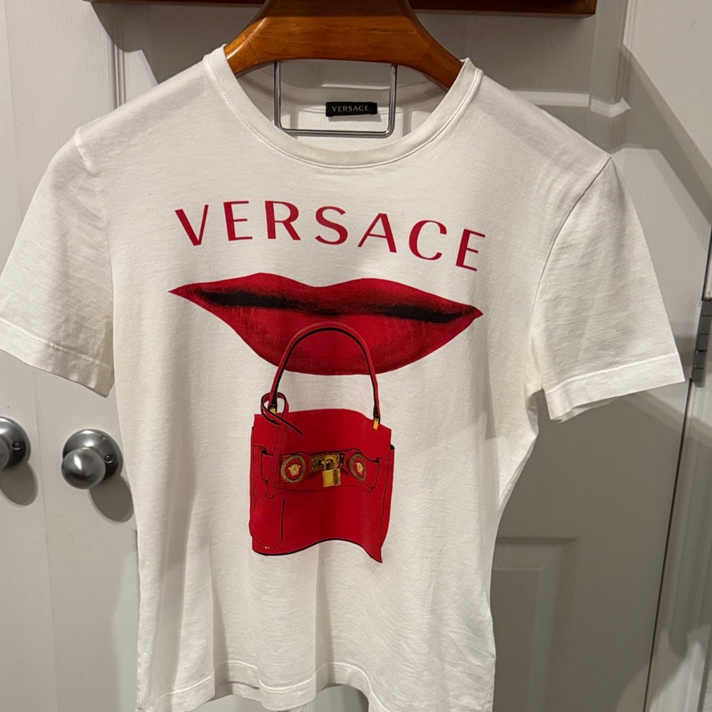 Versace Cream Tee with Red Graphic